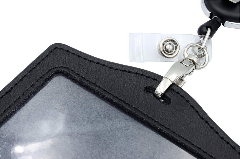HoAoOo ID Card Case + Lanyard + Badge Holder Retractable Reel Carabiner and Plastic Clip (Genuine Leather Horizontal Black) - Image 2